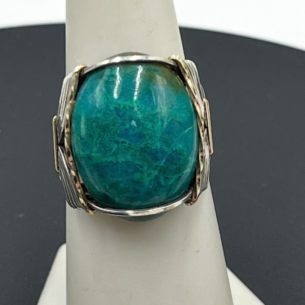 Artisan Sterling Silver Two Tone Turquoise Ring Wire Wrapped Statement Size‎ 8